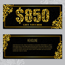 Gift Voucher Template 850 USD. The Inscription Created From A Floral Ornament. Golden Letters On A Black Background With Floral Pattern. VIP Design.