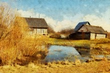Village House And Nature Motifs. Beauty Spring Landscape. Oil Painting Original Wall Art Print In Large Size For Interior Design Decor. Impressionism Modern Pictorial. Contemporary Drawing On Canvas.