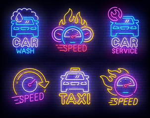 Automotive set neon logo. Car Wash. Taxi and Car Service label and emblem. Neon sign, isolated sticker, bright signboard, light banner. Vector illustration