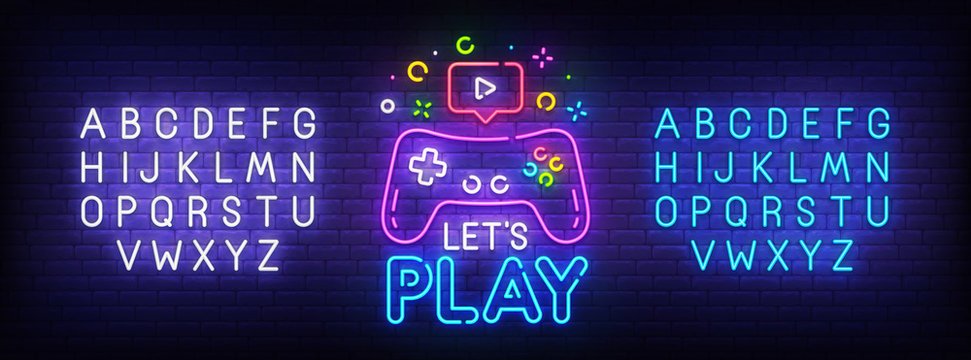 Let's Play neon sign, bright signboard, light banner. Game logo, emblem and label. Neon sign creator. Neon text edit