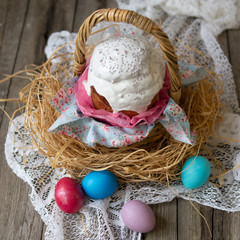 Easter cake - kulich.Traditional Easter sweet bread decorated white icing in straw basket and colored eggs on lace napkin on wooden background with floral fabric. Copy space, selective focus