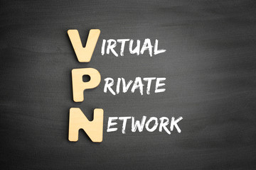 Poster - Wooden alphabets building the word VPN - Virtual Private Network acronym on blackboard