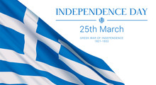 25th Of March - Greek Independence Day, National Holiday In Greece And Cyprus. Vector Banner Design Template With A Realistic Greece Flag And Text On White Background.