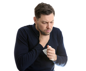 Man suffering from cough isolated on white