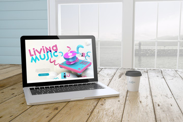 Poster - laptop with hmusicwebsite on screen with port background and coffee
