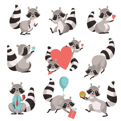 Poster - Cute Raccoon Set, Funny Animal Cartoon Character in Different Situations Vector Illustration