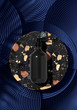 Cosmetic background for product presentation. black bottle on mix color terrazzo podium on  blue circular geometry  background with shadow of leaf. 3d rendering illustration.