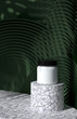 Cosmetic background for product presentation.White bottle on gray terrazzo podium on  green color circular geometry  background with shadow of leaf. 3d rendering illustration.