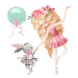 Cute ballerina, ballet girl with flowers, floral wreath and baby bunny in a ballet dress with balloon