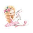Cute ballerina, ballet girl with flowers, floral wreath and baby bunny