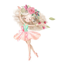 Cute Ballerina, Ballet Girl With Flowers, Floral Wreath