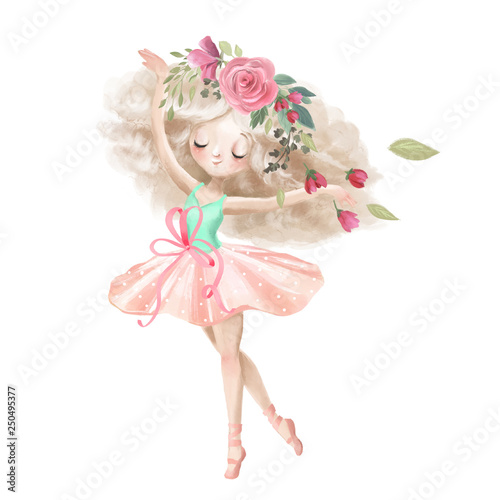 Cute ballerina, ballet girl with flowers, floral wreath Slika na platnu