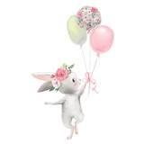 Cute girl baby bunny with flowers, floral wreath with balloons