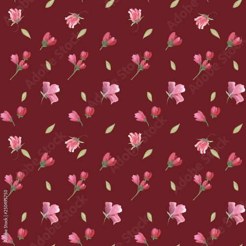 Beautiful, trendy, seamless, tileable pattern with watercolor pink rose bloss...