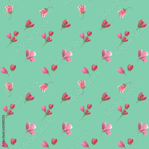 Beautiful, trendy, seamless, tileable pattern with watercolor pink rose bloss...
