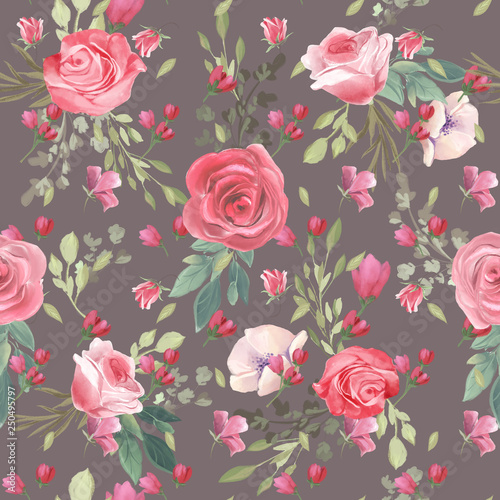 Beautiful, trendy, seamless, tileable pattern with watercolor pink rose bloss...