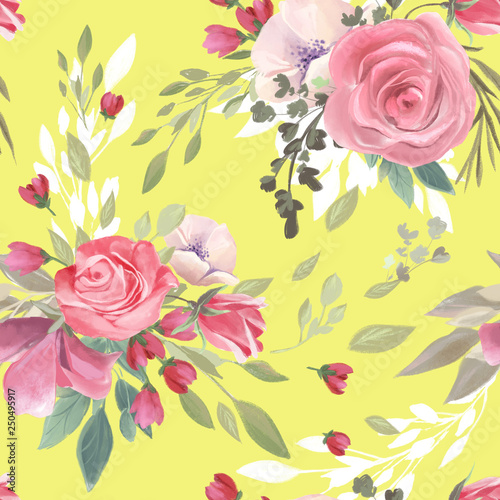 Beautiful, trendy, seamless, tileable pattern with watercolor pink rose bloss...