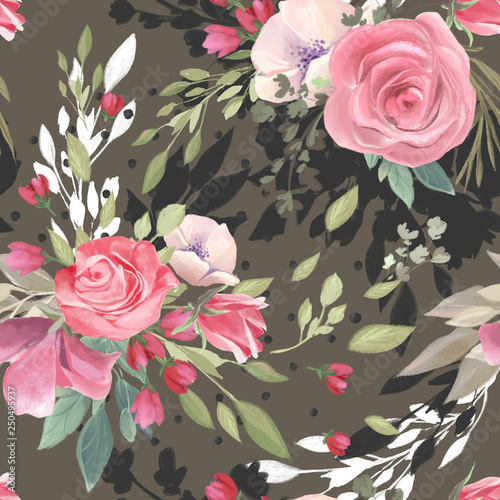 Beautiful, trendy, seamless, tileable pattern with watercolor pink rose bloss...