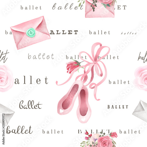 Beautiful, trendy, seamless, tileable pattern with watercolor pink ballet sho...