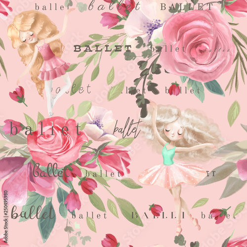 Beautiful, trendy, seamless, tileable pattern with watercolor pink rose bloss...