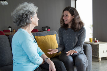 Smiling woman talking to elderly mother and gesturing