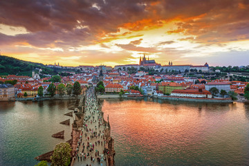 Poster - Prague historical center with the castle,Hradcany, Charles bridge and Vltava river, Prague, Czech Republic