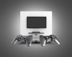 Wall Mural - Multiplayer game concept on the console Illustration of joysticks on TV background on black gradient 3d render