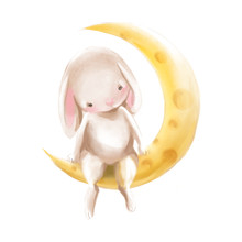 Cute Watercolor Baby Bunny Sitting On A Half Moon