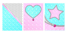 Mint Pink Color Background With Cute Frame. Backdrop For Kids Party Invitation In LOL Doll Surprise Style. Shiny Glitter Sparkles. Unzipped Curved Line, Star, Heart Shaped Border. Little Zipper Lock