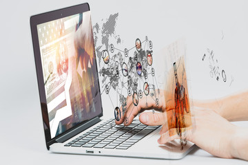 Poster - Digital virtual technology. Businessman uses a laptop in a virtual digital world.