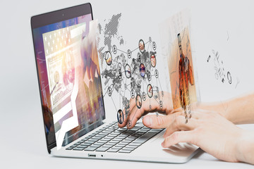 Poster - Digital virtual technology. Businessman uses a laptop in a virtual digital world.