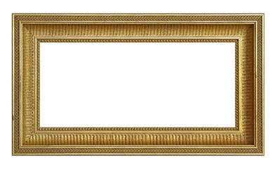 Panoramic golden frame for paintings, mirrors or photo isolated on white background