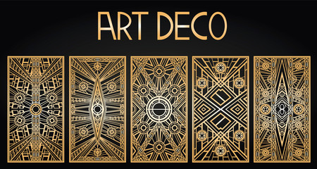 Golden abstract geometric background. Art deco style, trendy vintage design element. Gold grille on a black background. Gold art deco panels. Gatsby style. Set retro pattern