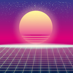 Wall Mural - Synthwave Retro Futuristic Landscape With Sun And Styled Laser Grid. Neon Retrowave Design And Elements Sci-fi 80s 90s Space. Vector Illustration Template Isolated Background