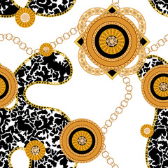 Seamless pattern with golden chains and spotted background. Vector baroque patch for scarfs, print, fabric.