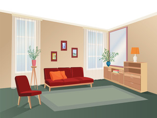 Wall Mural - Lliving room interior with furniture: sofa, shelving, table.