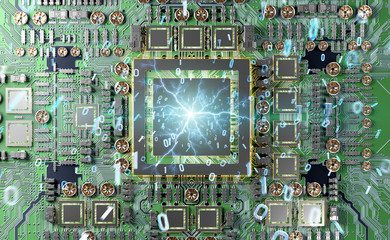 Fototapete - Close-up view of a modern GPU card with connections 3D rendering