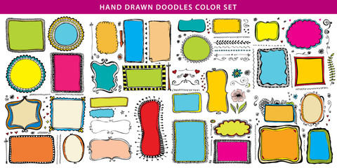 Hand drawn doodle color line, border, frame vector design element set. Template for invitation or greeting card.