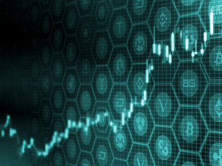 Poster - Crypto Currency market bullish buy concept. Double exposure of digital coins price up and technical chart. Both in green color theme to indicate uptrend recovery rebound stage.