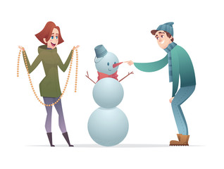 Cheerful guy and the girl make a snowman. Cartoon modern characters design