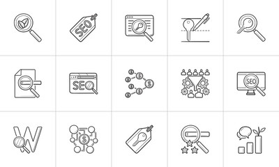 Poster - SEO optimization and marketing hand drawn outline doodle icon set.