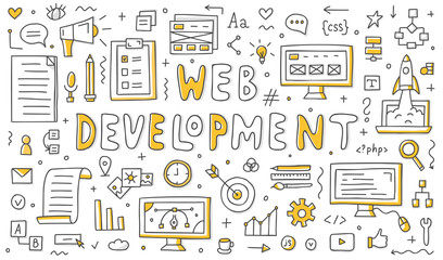 Fototapete - Set of web development doodles. Vector line art. Elements for your design.