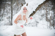 Cosplay girl in fantasy style in snow in winter 