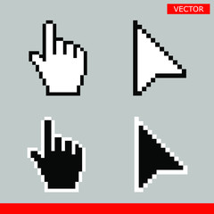 Leinwandbilder - Black and white arrow pixel and pixel mouse hand cursors icon vector illustration set flat style design isolated on white background.