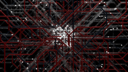 Poster - 3d render digital background made of complex tube structure with reflective and refractive materials. Network communication concept.