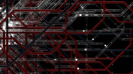 Poster - 3d render digital background made of complex tube structure with reflective and refractive materials. Network communication concept.