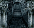 an illustration of dark scary stone stair entrance with stone architecture on both sides