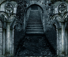 An Illustration Of Dark Scary Stone Stair Entrance With Stone Architecture On Both Sides