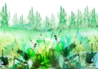 Watercolor banner, logo, postcard. green silhouette of the forest, pine, spruce, cedar. Watercolor landscape, black splash of paint, abstract spots, beautiful drawing. Countryside landscape, foggy