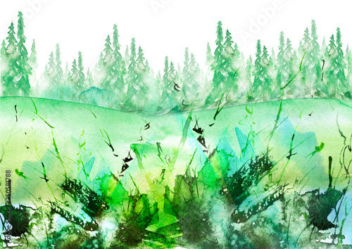 Watercolor Banner Logo Postcard Green Silhouette Of The Forest